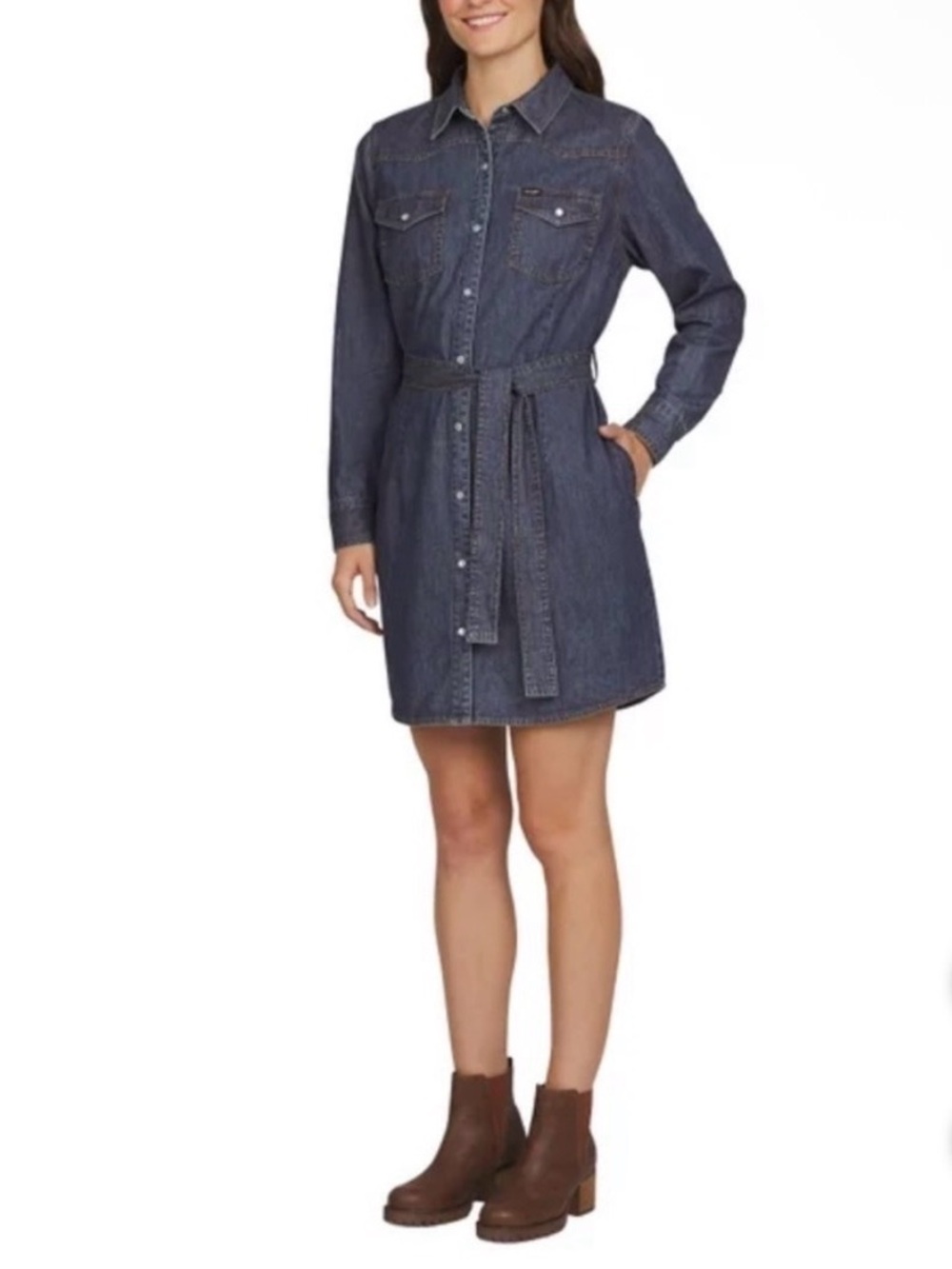 Wrangler Women's Long Sleeve Western Snap Denim Dress Dark Blue Size XS